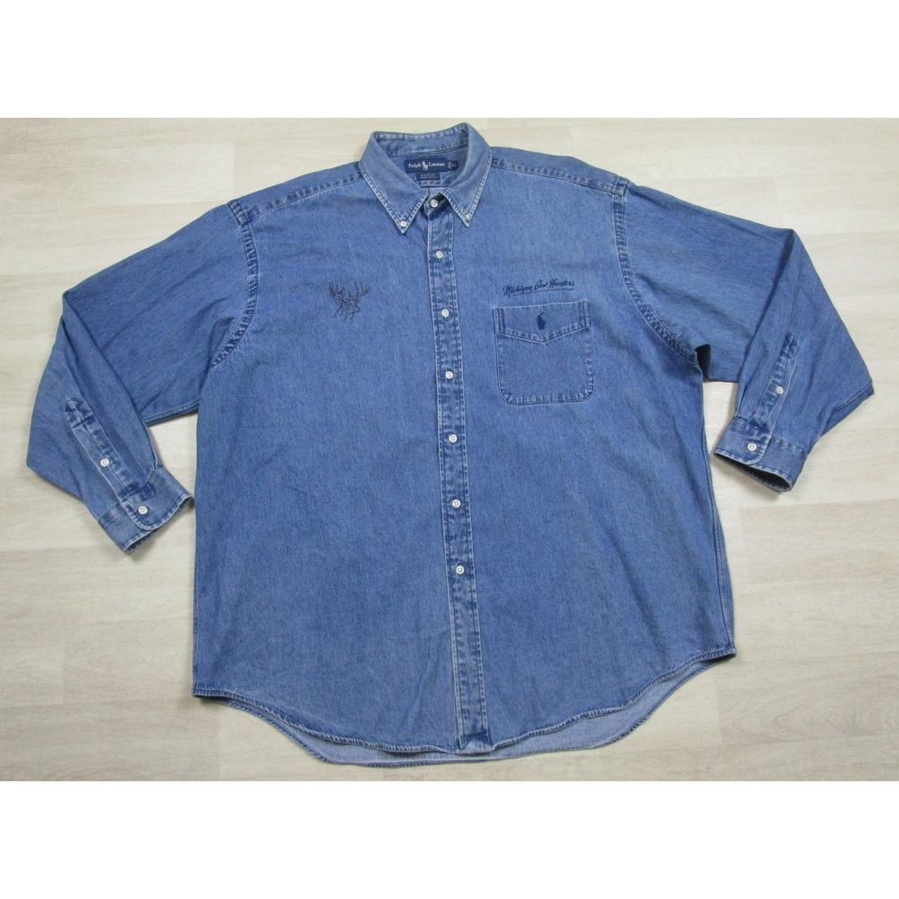 Vintage 90s Ralph Lauren Denim Button Up "Big Shirt" (XL) Michigan Bow Hunters